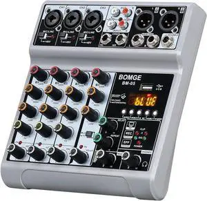 Audio Mixer, Sound Board Mixing Console with 5 Channel Digital USB Bluetooth Echo Delay Effect, 48V Phantom Power Stereo DJ Mixers for Recording, Live Streaming, Podcasting (BM-05 5 canales)