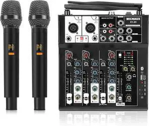 4 Channel Audio Mixer, Karaoke Mixer with Dual Wireless Microphones, Professional Sound Board DJ Mixing Console MP3 Bluetooth 48V Phantom Power USB Interface for PC Studio Recording Party
