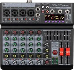 06A Professional 6 Channel DJ Audio Mixer, DJ Controller Sound Mixer with 99 DSP Effects,7-band EQ Independent 48V Bluetooth USB Interface Recording for Studio Stage Party Home Recording