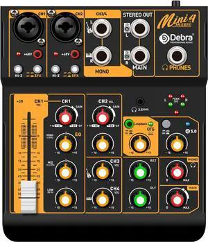 Audio Mixer  Audio Mini4 Portable 4-Channel DJ Mixer Console, Sound Mixing Board with USB Bluetooth 48V Phantom Power, Audio Console for Live Wedding Party Recording Broadcast (Mini4)