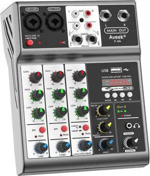 Professional Audio Mixer, Sound Board Mixing Console with 4 Channel Digital USB Bluetooth Echo Delay Effect, Input 48V Phantom Power Stereo DJ Mixers for Recording, Live Streaming, Podcasting