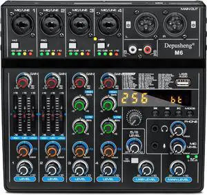 M6 6 channel DJ mixer Portable Bluetooth MP3 Sound Mixing Console Built-in 256 digital effects with 48V Phantom Power, USB interface for computer recording Live Streaming,Podcasting,Karaok