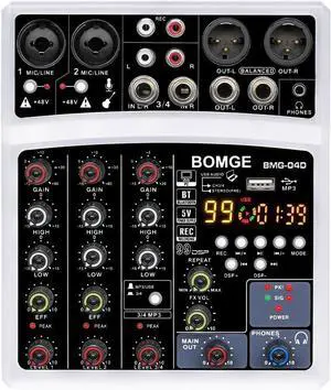 4 Channel dj Bluetooth Audio Mini Mixer with 99DSP Processor, USB Interface, Stereo Recording, 48V Phantom Power for PC,phone(White)