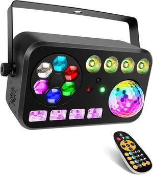 LED Stage Party Light - 100W 5IN1 DJ Light with Disco Ball Green&Red Patterns UV/White Strobe Par Lighting Effects DMX Remote Control for Home Party Club Bar Music Dance Events