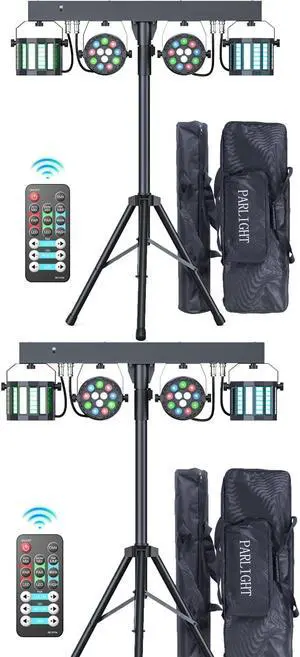 5 in 1 Dj Lights with Stand 5.9ft,Led Dj Par Lights+Effect Strobe Lights Dj Disco Lights Party Lights Dj Lights for Parties Indoor DMX&Remote Control Mobile Stage Lighting with Carry Bag (Black 2PC)