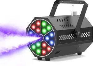 Mini 500W 18-LED R/G/B Fog Machine Controlled by Remote with LED Auto-Chasing,Jump,Pulse,Strobe Mode and 7 Static Colors Ideal for Halloween Events,DJ Visual enhancements & Stage Productions
