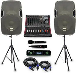 Portable PA System with 2000W Amp & Wireless UHF Microphone System. 6 Ch Audio Mixer with Multiple Inputs. pa system with wireless microphone and speakers, Complete w/Stands - 10" Speaker 800W