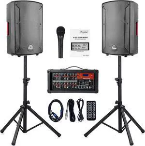 S-1202 12inch 2000W Bluetooth PA System with Powered Mixer Set, Passive Speakers with 6 Channel Mixer/Stands/Mic/Effect Controller/ 48V Phantom Power,for Indoor&Outdoor