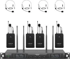 4-Channel Wireless Microphone System, UHF Auto Scan Cordless Mic Set, 4 Bodypacks w/Headsets/Lapel Mics, 4x40 Frequencies, 328ft Coverage, Mic for Church, DJ, Meeting (PTU-7000-4B)