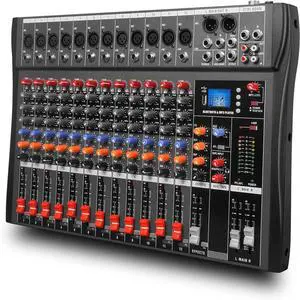 GX12 Professional Sound Board Console 12 Channel Mixer Interface Digital USB Bluetooth Computer MP3 Input 48V Phantom Power Stereo DJ Mixer for Live Events, Karaoke, Stage Performance (GX12)