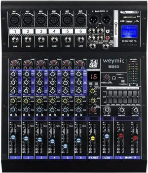 MX-60 Professional Mixer (6-Channel) for Recording DJ Stage Karaoke/W Graphic Equalizer and DSP Effector w/USB Drive for Recording Input, XLR Microphone Jack, 48V Power, RCA Output