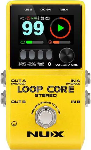 Loop Core Stereo Guitar Looper Pedal, 6 hours recording time,Stereo Audio, MIDI Control, Cab Simulation for Output to Mixer.