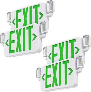 Led Combo Emergency Exit Sign Light with Two Adjustable Head Lights and Backup Battery,US Standard Green Letter Commercial Emergency Exit Lighting,UL 924,120/277V (4Pack)