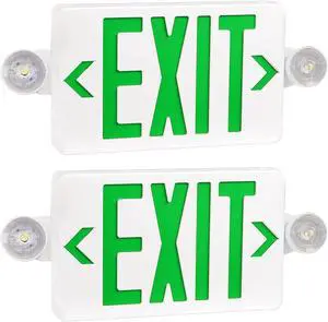 Green LED Exit Sign with Emergency Lights, Two Adjustable Head Emergency Exit Lights with Battery Backup, Dual LED Lamp ABS Fire Resistance UL-Listed 120-277V (Green, 2 Pack)