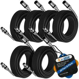 XLR Cable 20 Feet (6 Pack), 22AWG, Zinc Alloy Shells, XLR Male to Female Heavy Duty Cable, 3 Pin Balanced Shielded Microphone Cord, Durable & Flexible Patch XLR Cable, Metal Spring SR-Black