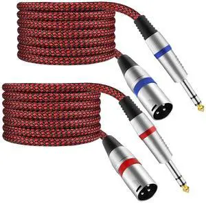 XLR Male to 1/4" TRS Cable Balanced - 25FT Quarter Inch Stereo to XLR Microphone Cord Adapter, Nylon Braided, OFC Shielded, Red Color, for Mixer, Monitor Speaker, Audio Interface, 2Pack