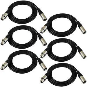 6ft Patch Cable Cords - XLR Male to XLR Female Black Cables - 6' Balanced Snake Cord - Pack of 6
