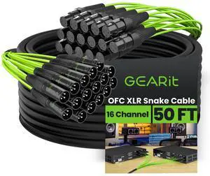16-Channel XLR Snake Cable (50 ft) - 100% Oxygen-Free Copper Snake Wire, Channel Labels, Metal XLR Connectors for Pro Audio - 50 Feet