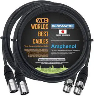 2 Units - 10 Foot - Canare L-4E6S, Star Quad Balanced Male to Female Microphone Cables with Amphenol AX3M & AX3F Silver XLR Connectors - Custom Made