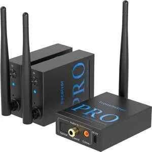 3-in-1 2.4Ghz Wireless Audio Transmitter Receiver for 2 Subwoofer/Active Speaker/Power Amplifier, 20ms Low Latency, 320ft Range, Optical/Coaxial/3.5mm(RCA) Audio Input/Output