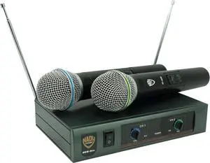 DKW DUO HT B/D VHF Dual Wireless Handheld Microphone System  includes 2 microphones, AC adapter and audio cable  Easy setup  Karaoke, performance, presentation, public address