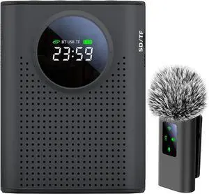 Rechargeable Voice Amplifier Wireless Microphone for Teachers Classroom, Mini Lavalier Lapel Mic Clip Magnetic, Portable Bluetooth Speaker with LED Display for Class, Tour Guide, Coaches, Black