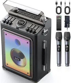 Karaoke Machine, Portable Bluetooth 5.3 Speaker with 2 Wireless Mics, Party Bluetooth Speakers With Guitar Input - Premium Wooden Speaker with Bass and Treble Control for Home Parties & Outdoor