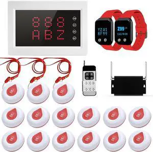 Caregiver Pager System Nurse Calling System 1200+ft Wireless Calling System with 1 Display Receiver/2 Watch Pagers/1 Signal Amplifier/15 Call Buttons for Clinic/Hospital/Nurses Station/Home