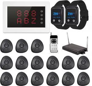 Restaurant Pager System Wireless Calling System 1200+ Feet with 1 Singal Amplifier/1 Display Receiver/2 Watch Pagers/15 Waterproof Call Buttons for Restaurant Cafe Church Clinic Hospital