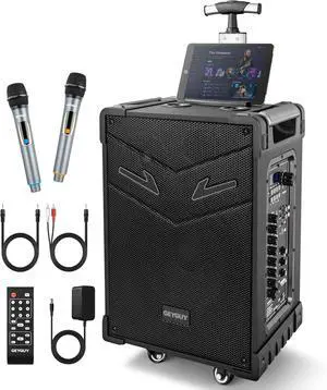 GTSK10-3 3-Way Portable Bluetooth PA Speaker System with Wireless Microphones, 10" Subwoofer, USB/FM, TWS, Guitar Input, Rechargeable Party Speaker for Events, DJ Lights & Outdoor Performances