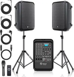 Professional Portable All-in-One 2-Way PA System Suitcase-Style Design with 8-Channel Mixer and 2X Speaker Stands,Bluetooth, Microphone, Remote Control for Performances, Presentations