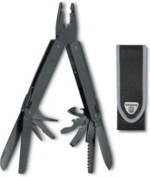Swiss Tool BS, 24 Function Swiss Made MultiTool with 2 Blades (Large and Serrated), 5 Screwdrivers, Pliers and Chisel - Black