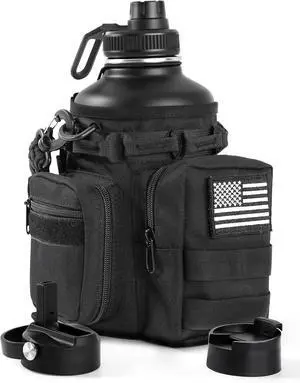 Tactical Half Gallon Water Bottle with Straw, 64 oz Insulated Water Jug with Molle Sleeve, Stainless Steel Sport Battle Bottle with 3 BPA Free Lids for Gym Workout Hiking (Black, 64OZ)