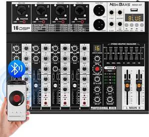 Professional Audio Mixer, 4 Channel Audio Interface Sound Board Mixing Console System Monitor,  16-Bit DSP DJ Bluetooth Mixer +48V Phantom Effect For Karaoke Studio Streaming Recording