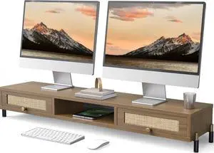 Dual Monitor Stand for Desk - Long Wooden Riser With Rattan Woven Drawer, 2 Tier Desk Shelf for 2 Monitors, Vintage Computer Stand for Laptop, Printer, TV