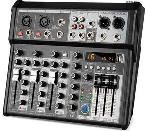 Professional Audio Mixer, 4 Channel Audio Interface Sound Board Mixing Console System, 16-Bit DSP DJ Bluetooth Mixer +48V Phantom Effect For Karaoke Studio Streaming Recording (XT4)