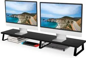 Large Dual Monitor Stand Riser - Monitor Stand For 2 Monitors, Monitor Stand With Drawer,Desk Shelf For Monitor, Wood Monitor Riser Stand with Storage Organize For Pc,Tv,Laptop,Screen (Black)