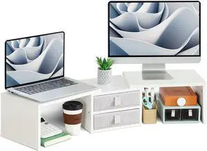Dual Monitor Stand Riser with 2 Drawers - Length and Angle Adjustable White Monitor Stand with Storage Large Computer Riser for 2 Monitors/Laptop/PC, Wood Screen/TV Stand Desk Organizer