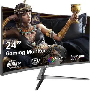 24 Inch Curved Gaming Computer Monitor 180hz FHD1080P Frameless Eye Care DisplayPort HDMI 250cd/m² Brightness 99% sRGB AMD FreeSync Flicker-Free Blue Light Filter Wall Mountable 75 * 75mm