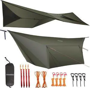12×10 ft Hammock Tarp, Ultralight Tarp Silnylon Hammock Rain Fly Lightweight Waterproof Camping Tent Tarp with Doors, Easy to Setup with Stuff Sack, Tent Stakes, OD Green
