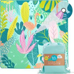 Jumbo Picnic Mats with Umbrella Hole | 6'7 x 6'7 | Flamingo-A-Go-Go| Picnic Rug/Beach Mat/Picnic Blanket | Waterproof Picnic Blanket for Outdoor| Foldable & Waterproof for Beach & Park
