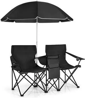 Folding Double Camp Chair w/Removable Umbrella, Portable Picnic Chair w/Mini Table, Chair Set w/Beverage Holder, Portable Loveseat Camp Chairs for Beach, Backyard, Poolside (Black)