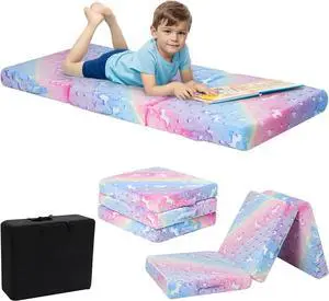 Glow Rainbow Unicorn Foldable Floor Mattress for Kids, Trifold Nap Mat for Toddlers, Portable Daycare Sleeping Futon or Floor Bed, 57x22 Inch