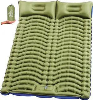 Double Sleeping Pad for Camping - Ultralight Camping Mattress with Pillow, Built-in Foot Pump, Compact Inflatable 2-Person Portable Mat for Backpacking, Hiking, Car Traveling, Beach, Tent