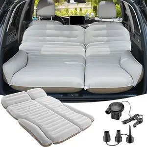 SUV Air Mattress Double Sided Thickened Flocking Car Bed  Portable Inflatable Mattress Pad for Camping & Travel with 2 Pillows & Electric Pump (Off-White and Coffee)