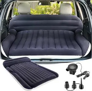 SUV Air Mattress with 2 Pillows  Thickened and Flocked Car Bed  Portable Travel Pad for Camping & Road Trips  Quick Inflate & Deflate with External Pump  Blue-Black and Cool Gray