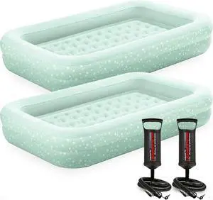 Kids Travel Air Mattress Inflatable Bed Set with Raised Sides, Hand Pump, and Carrying Bag for Camping Trips and Sleepovers, (2 Pack)