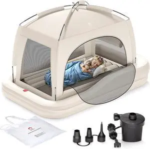 Inflatable Toddler Travel Bed with Tent, Baby Crib Tent, Portable Kids Air Mattress with Safety Bumpers, Ideal for Home, Grandma's, Camping, Traveling -Includes Fast Electric Pump