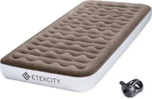 Air Mattress Upgraded Twin Size Camping Air Bed Blow Up Bed Inflatable Mattress Raised Airbed with Rechargeable Pump for Guest, Camping, Hiking, Height 9", Storage Bag, Brown