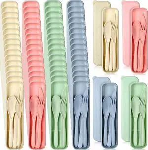 50 Sets Reusable Travel Utensils Set with Case Wheat Straw Cutlery Portable Spoon Knife Forks Lunch Box Accessories Friendly Tableware for Kids Adults Camping Utensils(Bright)